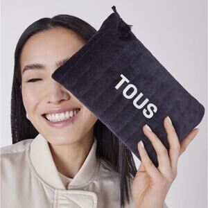 TOUS Black Quilted Velvet Zip Beauty Case Cosmetic Bag Pouch Tassels 9.5x6"